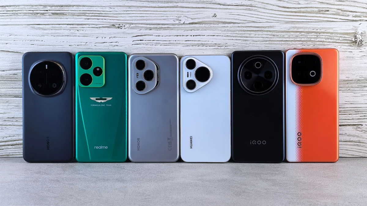 Vários smartphones dispostos lado a lado para comparação.