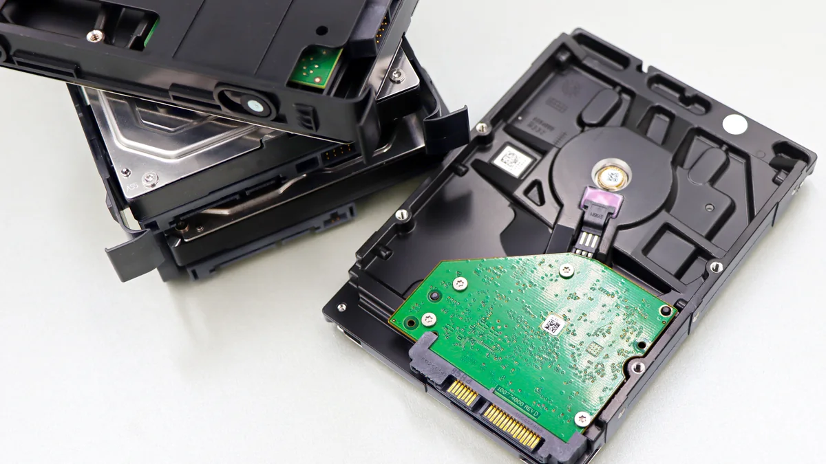 Pilha de discos rígidos abertos representa espaço de armazenamento no computador.